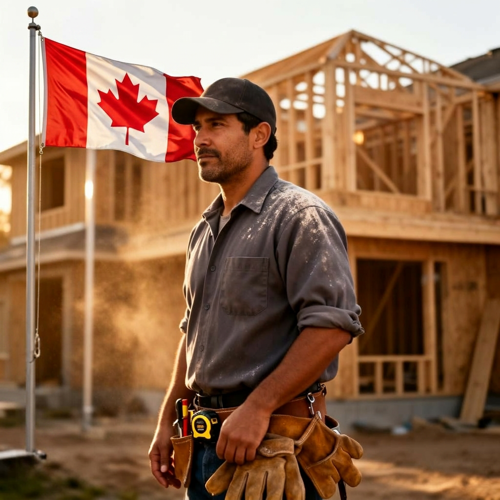 Trabajador hispano de construcción frente a una casa en obra en Estados Unidos